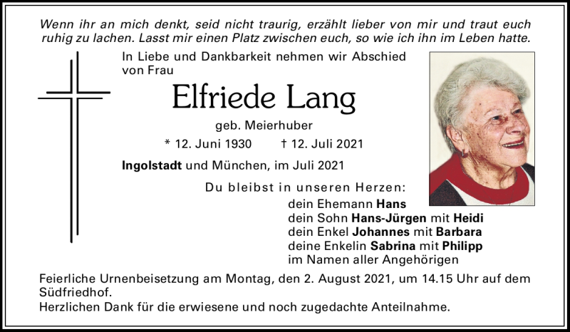 Elfriede Lang Donaukurier Trauerportal